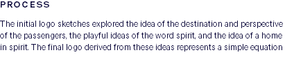 PROCESS The initial logo sketches explored the idea of the destination and perspective  of the passengers, the playful ideas of the word spirit, and the idea of a home  in spirit. The final logo derived from these ideas represents a simple equation 